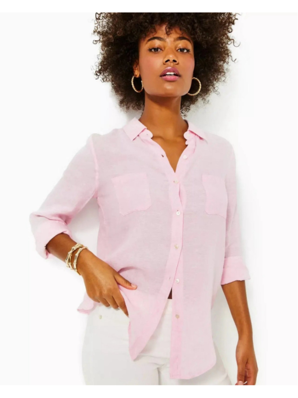 Lilly Pulitzer Sea View Linen Button Down Shirt XXS Pink